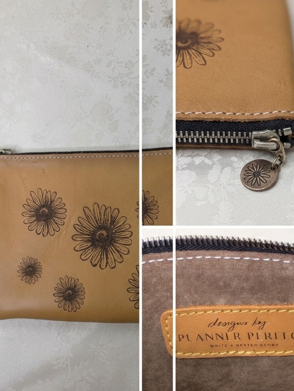 Designs by Planner Perfect Daisy Engraved Leather Pouch Makeup Planner Bag Tan